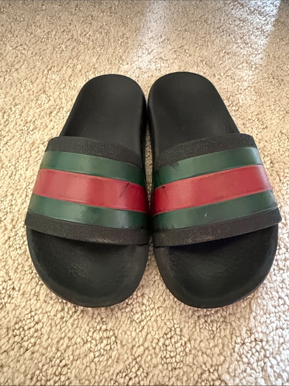 Gucci slides- Black Slide Sandals with Green and Red Stripes
